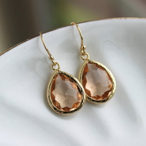 Blush Champagne Earrings Gold Peach Teardrop Jewelry - Pink Bridesmaid Earrings Wedding Jewelry Bridal Earrings Blush Bridesmaid Jewelry