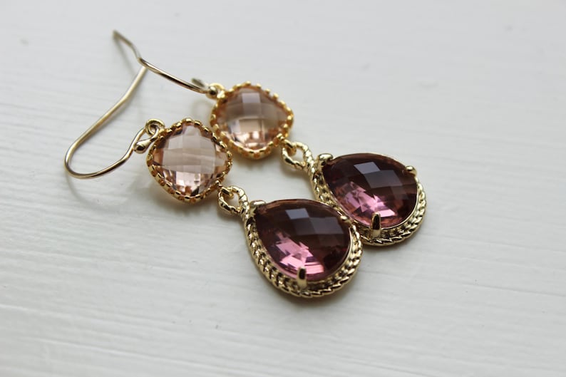 Blush Champagne Eggplant Earrings Gold Purple Earrings Two Etsy