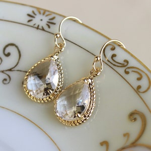 Gold Crystal Earrings Clear - Teardrop Earrings - Bridesmaid Earrings - Bridal Earrings - Wedding Jewelry - Bridesmaid Jewelry