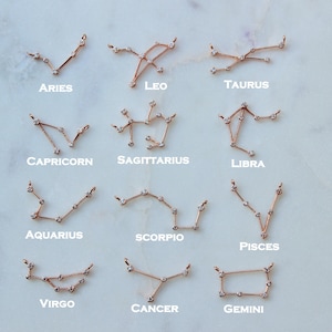 May include: A set of 12 gold zodiac constellation necklaces with small diamonds. The necklaces are arranged in two rows of six, with each necklace labeled with its corresponding zodiac sign: Aries, Taurus, Gemini, Cancer, Leo, Virgo, Libra, Scorpio, Sagittarius, Capricorn, Aquarius, and Pisces.