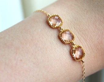 Dainty Blush Champagne Bracelet Three Square Gold Plated Peach Jewelry Bridesmaid Bracelet - Bridal Bracelet Blush Champagne Wedding Jewelry