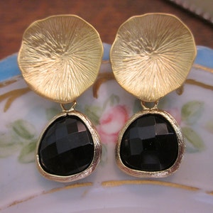 Black Onyx Earrings with Gold Mushroom Coral Bridesmaid Earrings Bridal Earrings image 1