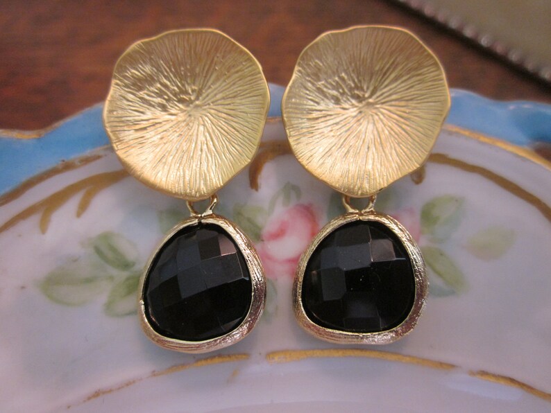 Black Onyx Earrings with Gold Mushroom Coral Bridesmaid Earrings Bridal Earrings image 1