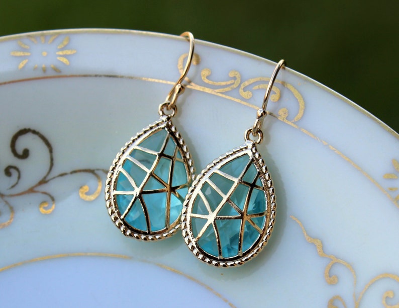 Aquamarine Earrings Blue Gold Teardrop Twisted Design Aqua Bridesmaid Earrings Wedding Earrings Aquamarine Wedding Jewelry Bridesmaid image 3