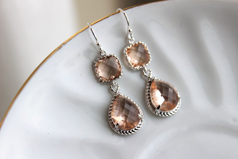 Blush Champagne Earrings Peach Pink Silver Earrings Teardrop Etsy