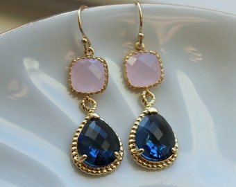 Sapphire Blue Pink Opal Earrings Gold Blush Pink Navy Earrings Teardrop Glass 14k Gold Filled Earwires - Bridesmaid Earrings Wedding Jewelry