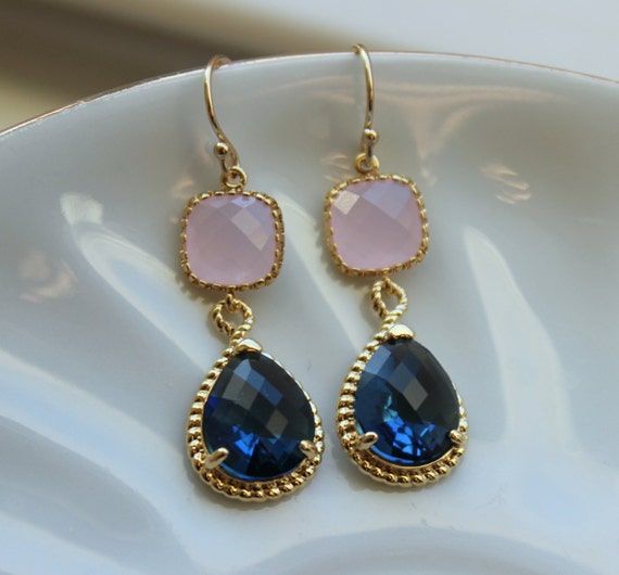 Chalcedony and Dark Blue Glass Dangle Earrings 14k Gold-plated Silver Chalcedony and Dark Blue Glass Dangle Earrings 14k Gold-plated Silver