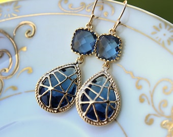 Pendientes de zafiro azul marino dos pendientes de nivel - joyería de la boda de la marina - pendientes de la dama de honor de la marina - pendientes de la novia - pendientes de la boda
