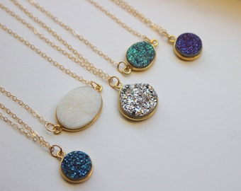 Gold Druzy Necklace Natural Druzy Jewelry - Drusy Necklace Jewelry Green Purple Silver Blue White Christmas Gift Layering Statement Jewelry