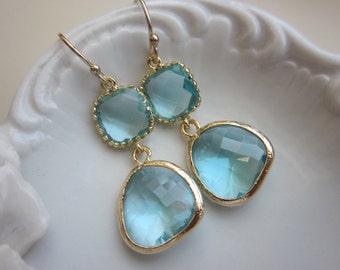 Aquamarine Earrings Gold Two Tier Blue Earrings - Bridesmaid Earrings Wedding Earrings Valentines Day Gift