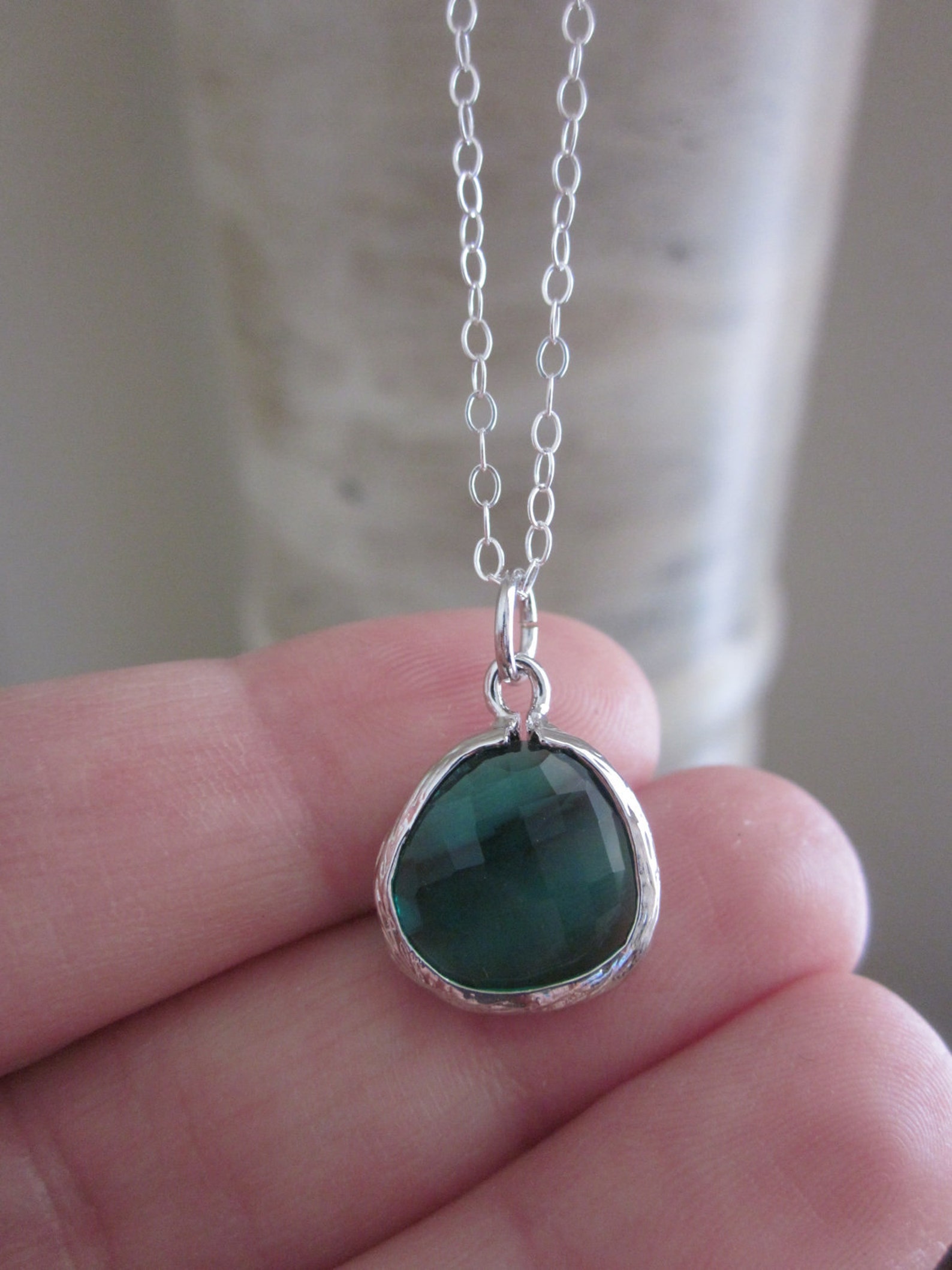 Emerald Green Glass Pendant Necklace on Sterling Silver Chain - Etsy
