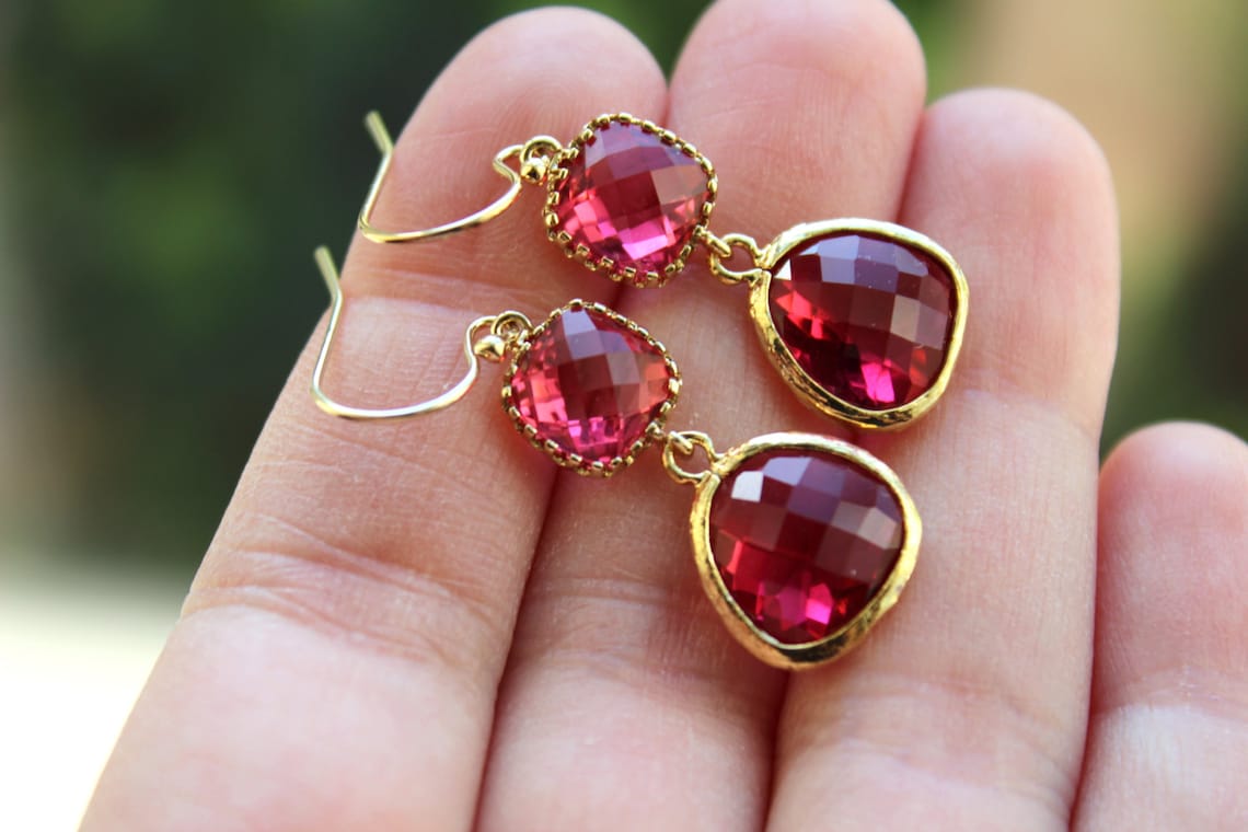 Fuchsia Earrings Pink Gold Bridesmaid Earrings Bridal Etsy