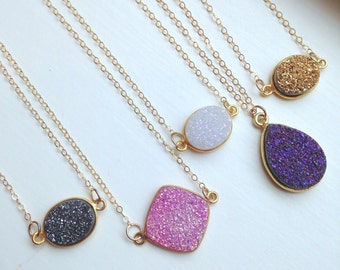 Gold Druzy Necklace Natural Druzy Jewelry - Drusy Necklace Jewelry - White Purple Gray Pink Druzy Christmas Gift Layering Statement Jewelry