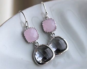 Charcoal Gray Earrings Pink Earrings Silver - Bridesmaid Earrings - Wedding Earrings - Bridesmaid Jewelry Gift - Wedding Jewelry