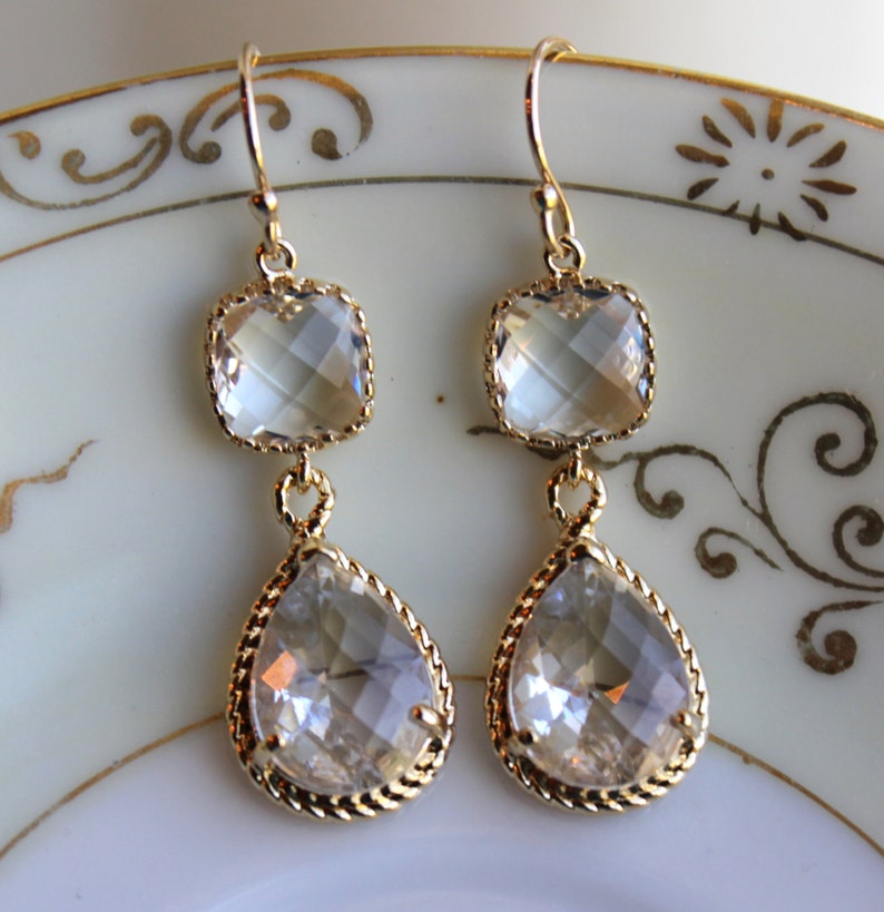 Gold Clear Earrings Crystal Two Tier Teardrop Earrings Etsy