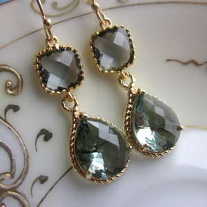 Charcoal Gray Earrings Gold Earrings Teardrop Glass Two Tier Bridesmaid Earrings Wedding Earrings Wedding Jewelry image 1