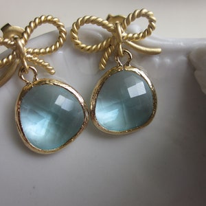 Aquamarine Blue Earrings Gold Bow Earrings Ribbon Stud Bridesmaid Earrings Wedding Earrings Valentines Day Gift image 5