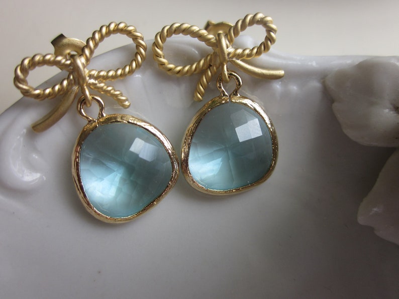 Aquamarine Blue Earrings Gold Bow Earrings Ribbon Stud Bridesmaid Earrings Wedding Earrings Valentines Day Gift image 5