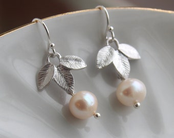 Silver Freshwater Pearl Earrings - Silver Leaf Earrings - White Pearl Jewelry -Pearl Bridal Earrings Bridesmaid Earrings - Wedding Jewelry