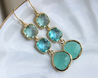 Mint Blue Aquamarine Earrings Gold Prasiolite Green Three Tiered Jewelry - Bridesmaid Earrings - Wedding Earrings Blue Green Wedding Jewelry