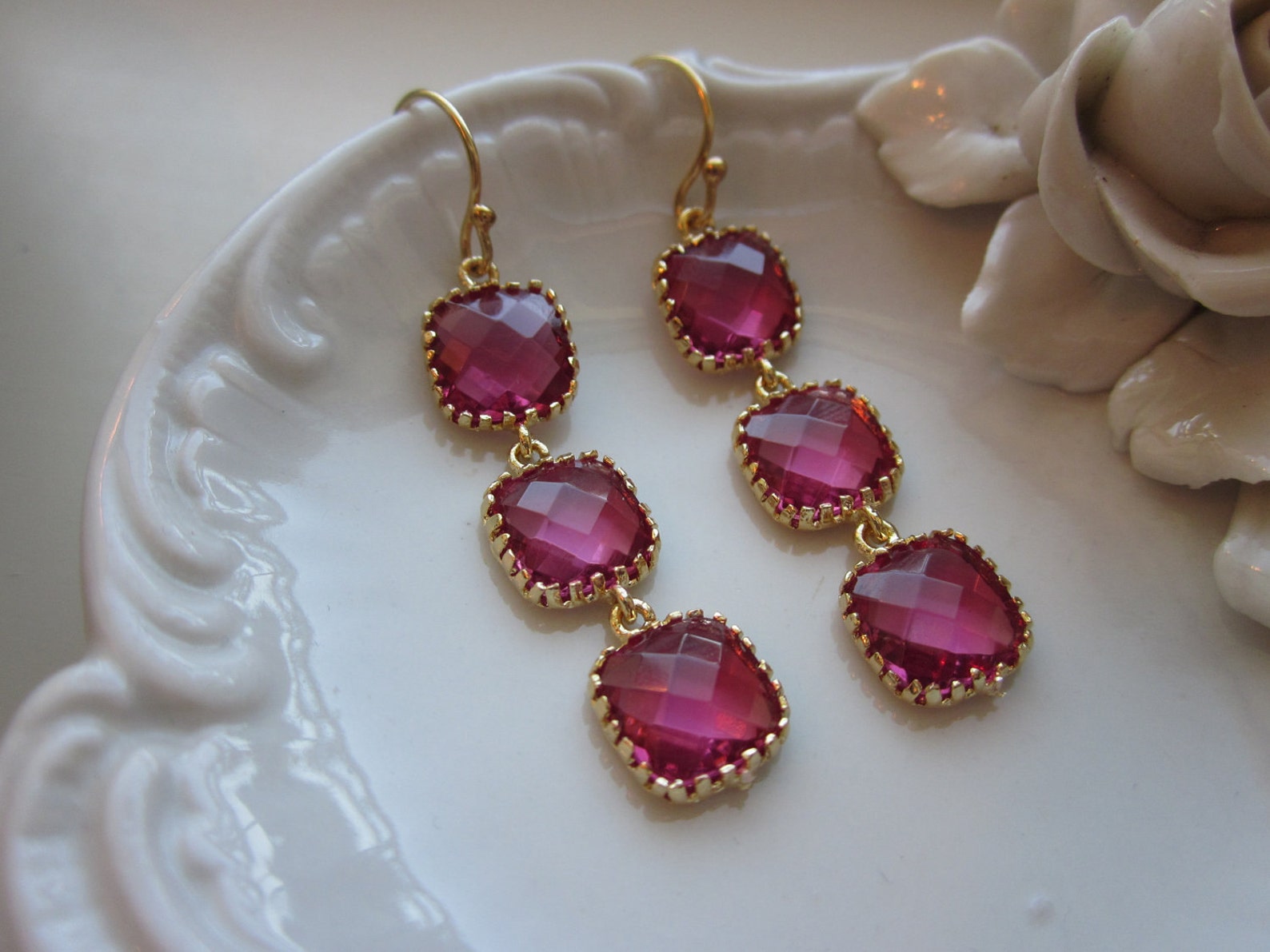 Fuchsia Earrings Hot Pink Gold Wedding Earrings Bridesmaid Etsy