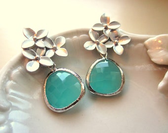 Aqua Blue Mint Earrings Silver Cherry Blossom - Sterling Silver Posts - Mint Bridesmaid Earrings Gift - Wedding Jewelry - Wedding Earrings