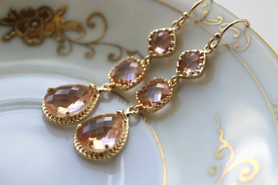 Peach Earrings, Blush Earrings, Gold, Champagne, Bridesmaid  Peach Bridesmaid Earrings - Blush Bridesmaid Earrings - Peach Gold Earrings - We display picture 1
