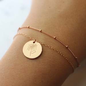 Rose Gold Birth Flower Bracelet, Birth Flower Jewelry, Birth Month Flower, Personalized Mother Gift Layered Disc Bracelet, Layering Bracelet image 1