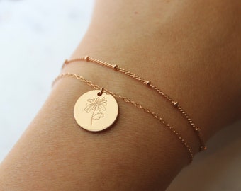 Rose Gold Birth Flower Bracelet, Birth Flower Jewelry, Birth Month Flower, Personalized Mother Gift Layered Disc Bracelet, Layering Bracelet