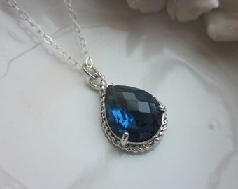 Sapphire Necklace Navy Blue Silver Teardrop - Sterling Silver Chain - Bridesmaid Necklace - Bridesmaid Jewelry - Bridal Wedding