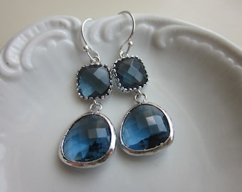 Navy Blue Earrings Sapphire Silver - Sterling Silver Earwires - Bridesmaid Earrings - Wedding Earrings - Valentines Day Gift