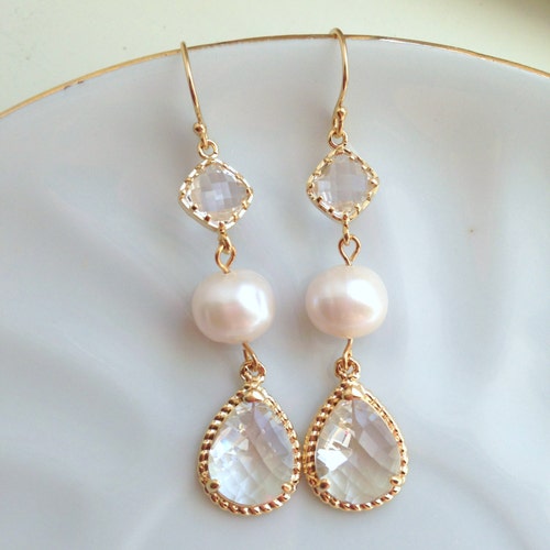 Gold Freshwater Pearl Crystal Earrings Freshwater Pearl Etsy