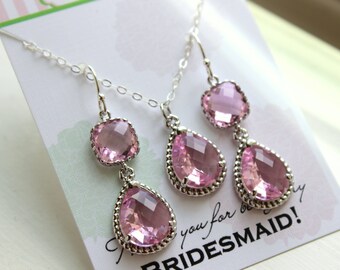 Light Blush Pink Necklace and Earring Set Light Pink Silver Jewelry Set - Personalized Card Thank you for being my bridesmaid Jewelry