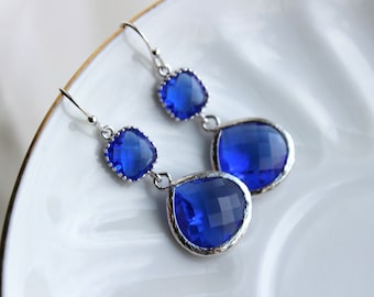 Silver Large Cobalt Blue Earrings Electric Blue Jewelry - 4th of July Jewelry Cobalt Blue Bridesmaid Jewelry Something Blue Wedding Jewelry