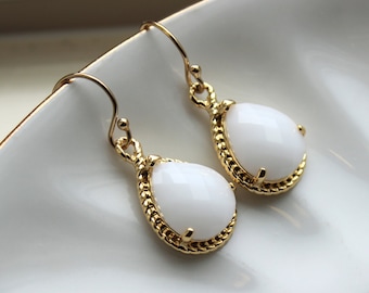 Gold White Opal Earrings Cream Jewelry - Bridesmaid Earrings White Opal Wedding Jewelry Winter White Bridesmaid Jewelry