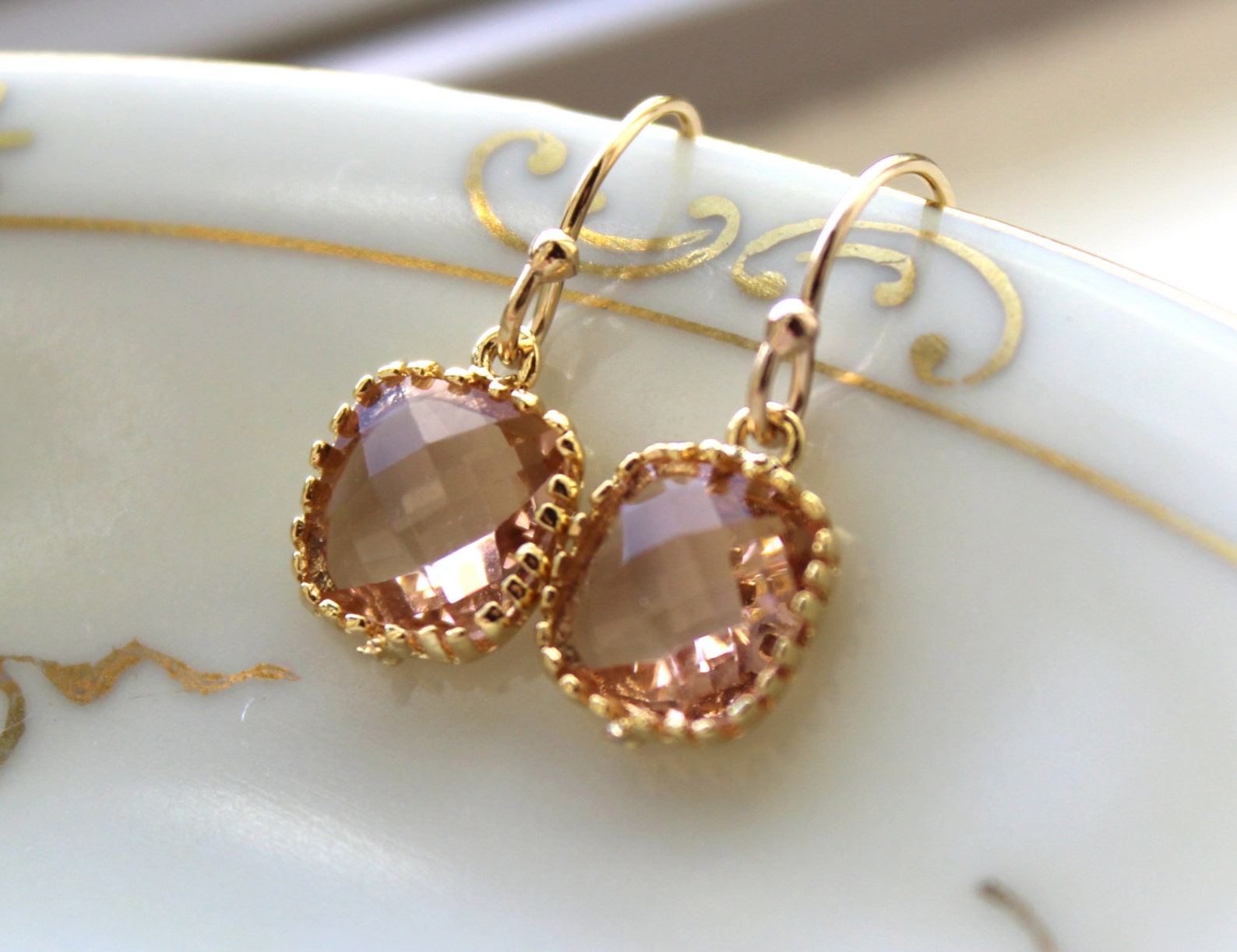Dainty Champagne Blush Earrings Gold Plated Peach Bridesmaid Etsy