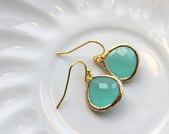 Gold Large Aqua Mint Earrings Blue Jewelry - Bridesmaid Earrings Wedding Earrings Bridesmaid Jewelry Gift Mint Wedding Jewelry
