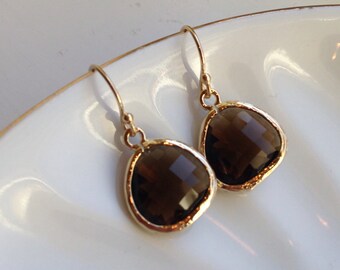 Smoky Brown Earrings Gold Plated - Bridesmaid Earrings - Wedding Earrings - Bridesmaid Jewelry