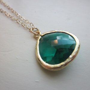 Emerald Green Necklace Gold Plated Large Pendant - Gold Filled Chain - Wedding Jewelry - Bridesmaid Jewelry - Valentines Day Gift