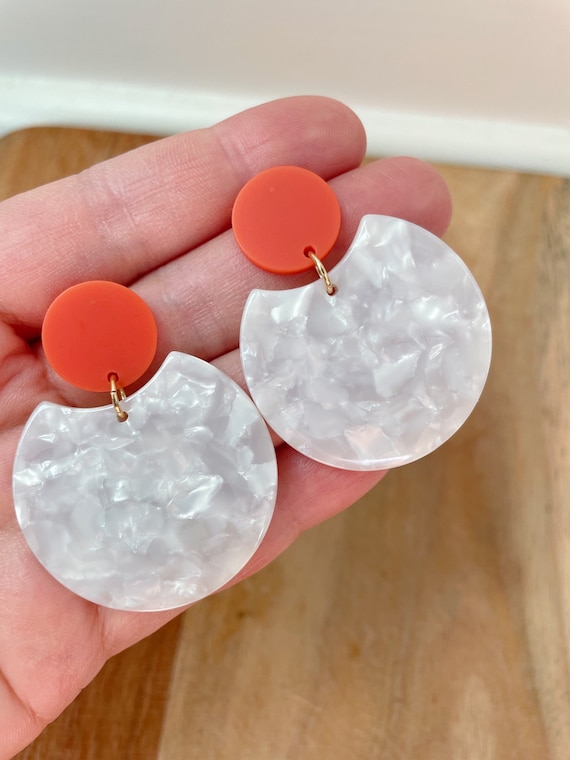Orange and White Statement Earrings Gameday Jewelry Acrylic Stud Earrings Orange and White Gameday Sports Fan Jewelry Statement Jewelry