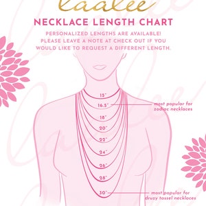 May include: A chart showing different necklace lengths in inches, with a pink illustration of a person wearing the necklaces. The chart includes the most popular lengths for zodiac necklaces and druzy tassel necklaces. The text "laalee" is at the top of the chart, and the website address "www.laaleejewelry.com" and email address "info@laaleedesigns.com" are at the bottom.