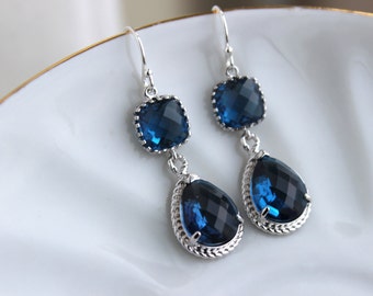 Silver Sapphire Earrings Navy Blue Jewelry Teardrop Glass Two Tier - Sapphire Bridesmaid Earrings Navy Blue Wedding Jewelry - Something Blue
