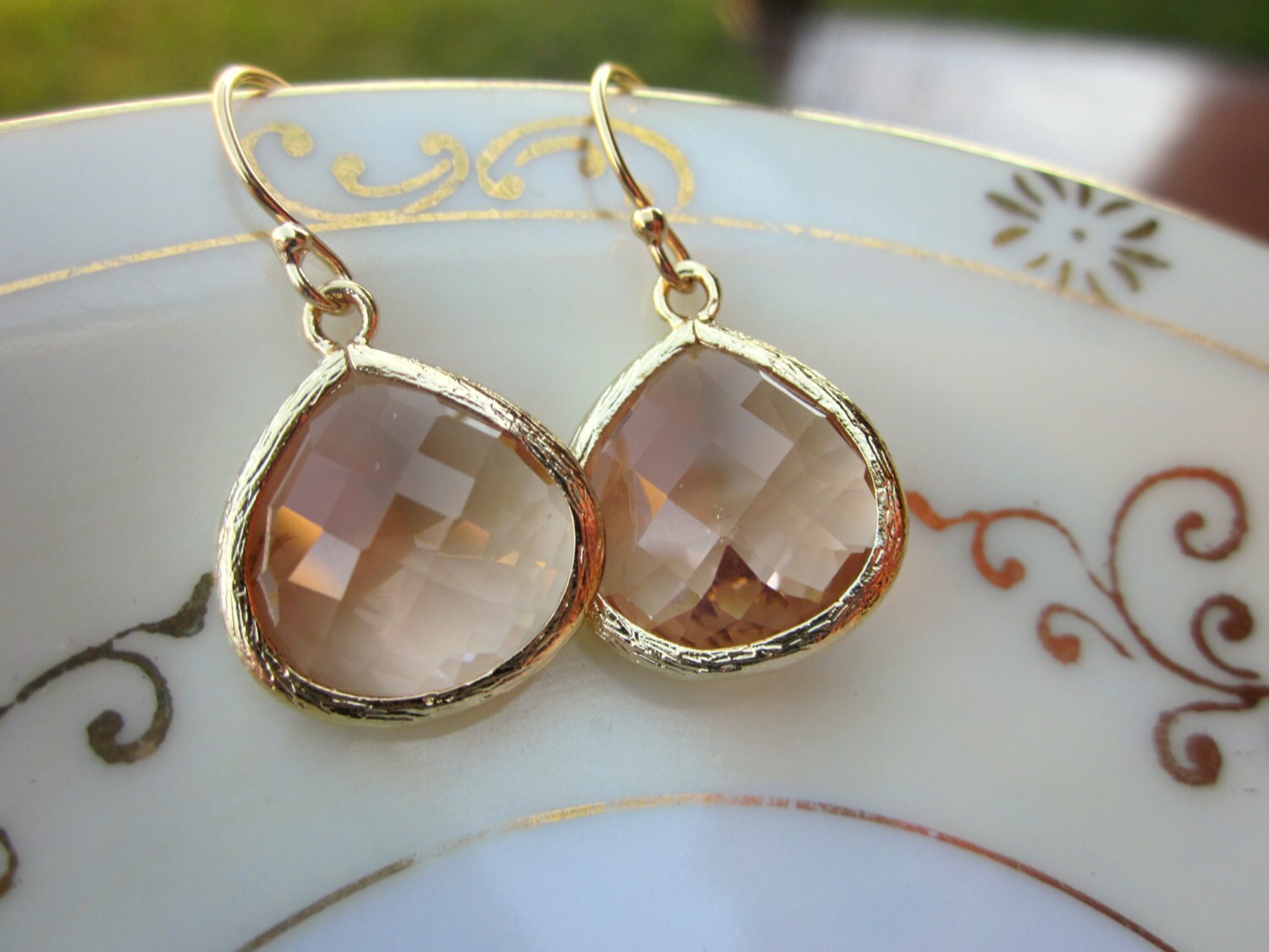 Large Champagne Blush Earrings Gold Plated Large Peach Pink Etsy