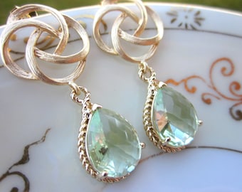 Green Prasiolite Teardrop Earrings Gold Pinwheel Rose - Sterling Silver Post - Bridesmaid Earrings - Wedding Earrings - Wedding Jewelry