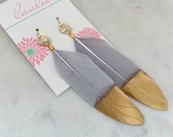 Grey Feather Earrings, Bohemian Jewelry, Gold Disc Earrings, Feather Jewelry, Fall Trendy Earrings, Christmas Gift for Her, Gameday Jewelry