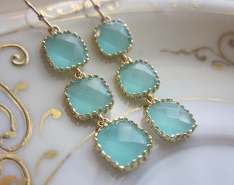 Aqua Blue Mint Earrings Gold Plated - Three Tier Squares - Bridesmaid Earrings - Bridal Earrings - Bridesmaid Jewelry - Mint Wedding Jewelr