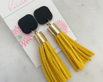 Black and Yellow Tassel Earrings, Statement Jewelry, Black and Gold, Gameday Jewelry, Back to School Football Teacher Gift, Everyday Jewelry