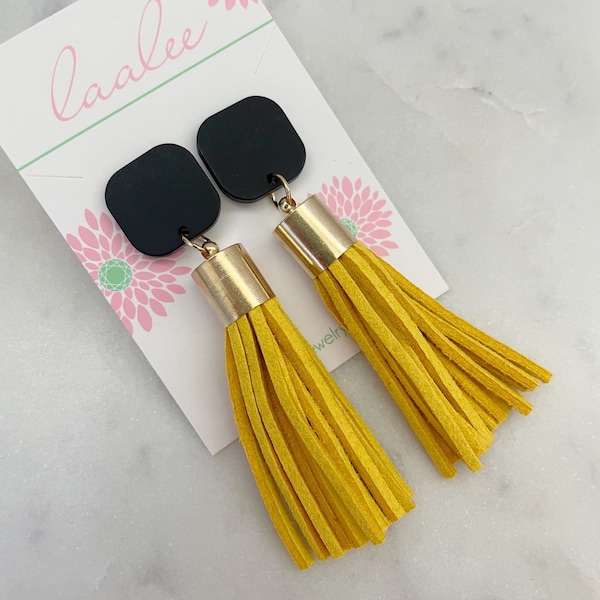 Black and Yellow Tassel Earrings, Statement Jewelry, Black and Gold, Gameday Jewelry, Back to School Football Teacher Gift, Everyday Jewelry
