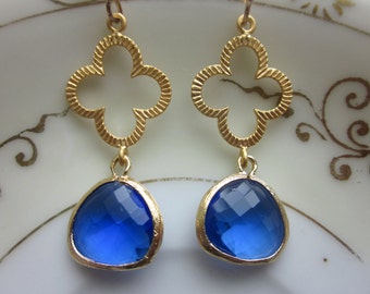 Cobalt Blue Earrings Gold Clover Quatrefoil - Bridesmaid Earrings - Valentines Day Gift - Wedding Earrings