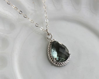 Charcoal Gray Necklace Silver Teardrop Grey Jewelry Sterling Silver Chain - Bridesmaid Jewelry - Wedding Jewelry - Charcoal Necklace Gray